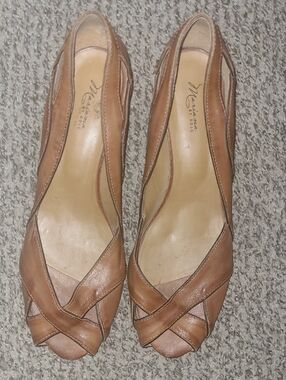 Tan Leather Peep-Toe Heels